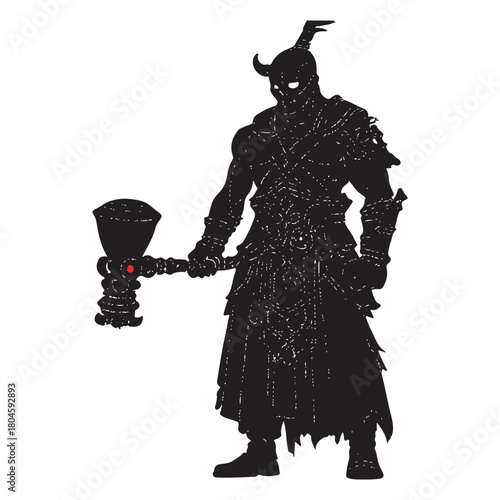 Silhouette of a warrior holding a hammer with glowing red eye.