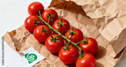 A fresh tomatoes on a paper bag.