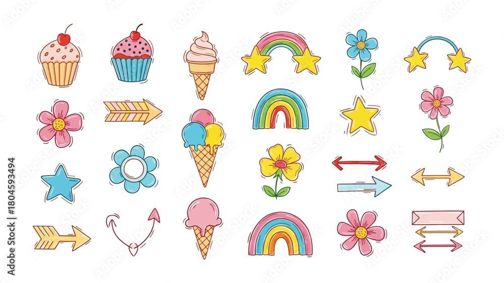Fototapeta premium Whimsical Assortment of Decorative Elements: An array of colorful illustrations, including cupcakes, ice cream cones, rainbows, flowers, and arrows, creating a cheerful and playful design.