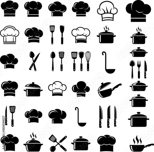 set of kitchen icons, Vector illustration of chef hats cooking utensils and kitchenware elements in black and white, Simple and sleek collection of kitchen utensils and cooking tools silhouetted 