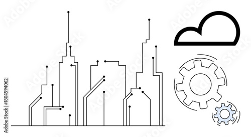 Stylized city skyline with circuit elements, cloud, and gears symbolizing innovation, automation, and connectivity. Ideal for technology, innovation, smart city, cloud computing IoT automation