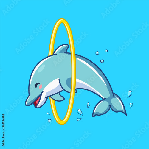 Playful Dolphin Leaping Through a Golden Hoop Vector Illustration Cartoon Design 