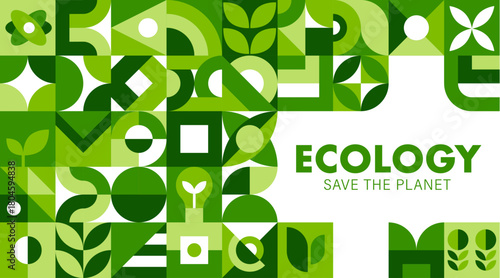 Modern ecology background with abstract green pattern of vector leaves, sprouts and organic nature shapes. Sustainability, ecology and environment protection, save the planet modern geometric poster