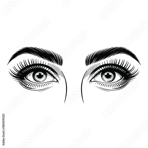 Close up black and white sketch of beautiful woman s eyes with long lashes