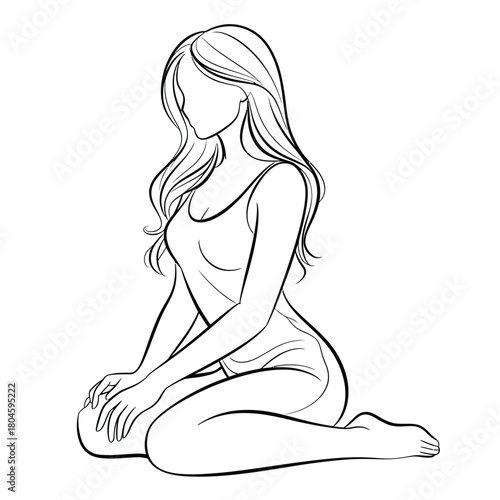 Elegant sketch of a woman kneeling with long flowing hair