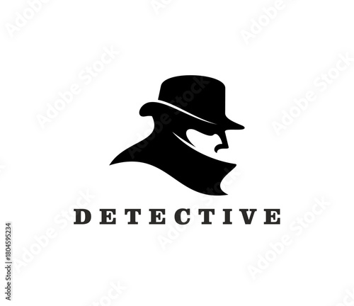 Detective agency investigator icon or sign. Private investigator sign, security agency inspector vector icon. Police agent or detective symbol with man in coat and hat silhouette, retro typography