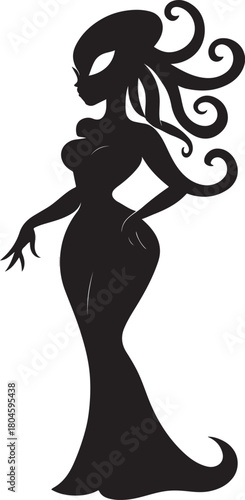  a glamorous female alien with curvy figure and tentacle accents silhouette vector