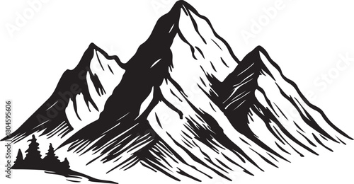  a mountain range with snow capped peaks and a small group of trees at the base facing left created white background