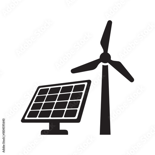 Renewable Energy Icon: Solar Panel and Wind Turbine for Clean Power