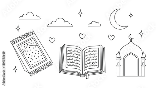 Islamic symbols: Embrace the essence of faith with this array of significant symbols, embodying spiritual devotion and cultural richness. A serene depiction, perfect for conveying reverence.