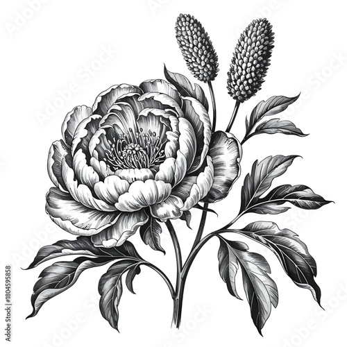 Vintage engraving of a peony flower with buds and leaves