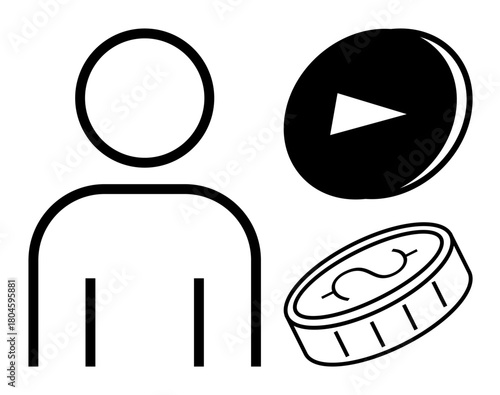Minimalist person outline beside play button and coin. Ideal for media, content creation, monetization, online video, streaming service, financial growth, user interaction. Simple flat metaphor