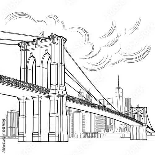 Sketch of the brooklyn bridge with new york city skyline in background