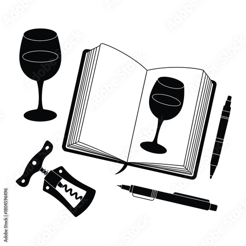 Wine tasting notebook with glass corkscrew and pens