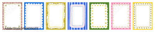 Modern abstract frames in doodle style. Decorative rectangle backgrounds, vertical borders, decorations for picture with wavy line, star pattern. Flat vector illustrations isolated on white background