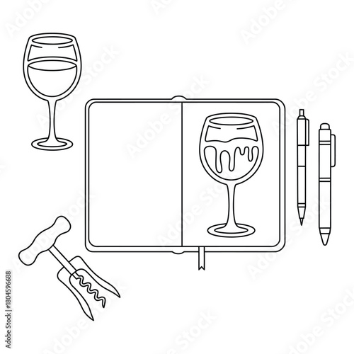 Wine tasting journal with corkscrew and pens sketch