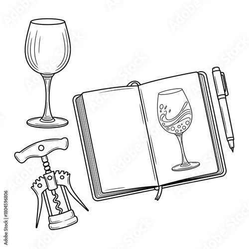 Hand drawn sketch of wine glass corkscrew and notebook for tasting notes