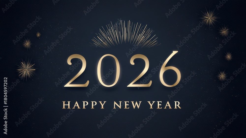 Obraz premium Elegant 2026 New Year greeting with gold text and fireworks on a dark background