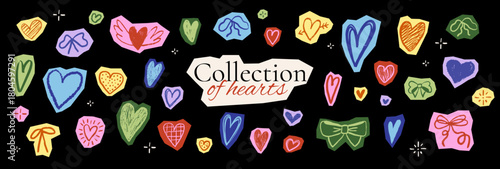 Scrapbook set with doodle heart scribble. Grunge ink hearts in hand drawn collage style. Set of torn out colorful paper drawn bows.