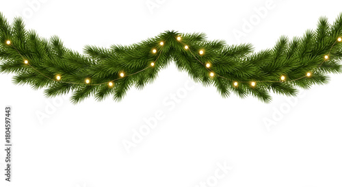 Realistic green fir branches with warm yellow string lights forming a festive garland isolated on a transparent background