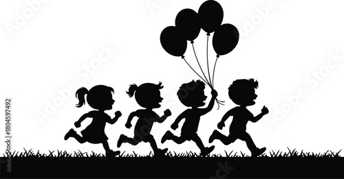 Silhouette of Happy Children Running with Balloons Enjoying Friendship Outdoors Promoting Happiness and Fun in Activity and Celebrating Together