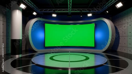 Green screen studio with curved blue walls and stage lighting
