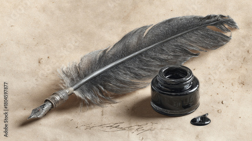 A close-up shot of a vintage inkwell and quill on a parchment sheet, evoking a sense of history and literature
