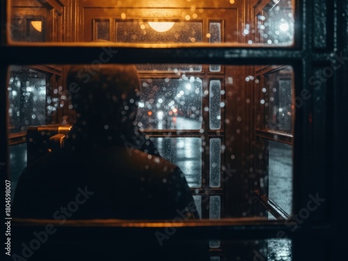 Moody night scene inside a warm compartment or phone booth. A person's dark silhouette looks out through rain-soaked windows at distant city bokeh lights.