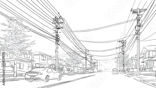 Urban Street with Power Lines and Car Driving Vector