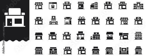 Retail Icons set vector illustration with collection of store, shop, mall, storefront, e-commerce, sale, discount, supermarket, grocery, gift, mall, pet shop, gas station, pharmacy, coffee, boutique.