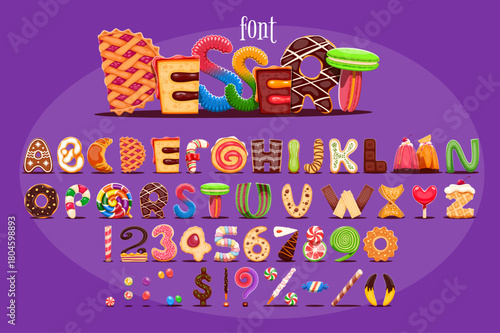 Cartoon dessert font, bakery typeface, sweet candy type, pastry and confectionery english alphabet. Cute letters and numbers font vector typography of cake, donut, cookie, chocolate and pie desserts