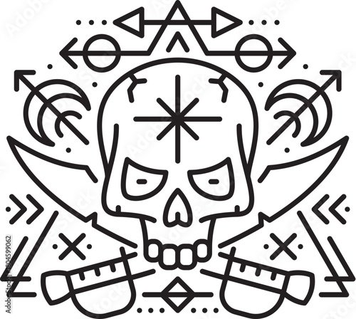 Pirate Jolly Roger skull esoteric line symbol. Filibuster marine esoteric linear vector sign, corsair pirate sailing symbol. Buccaneer nautical, tarot magic tattoo with human skull and crosses swords