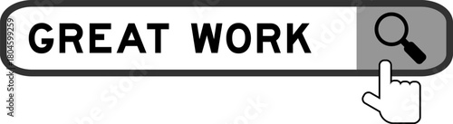 Search banner in word great work with hand over magnifier icon on white background