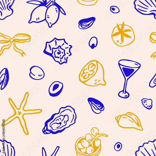 Tableau sur toile Seamless Dolce Vita pattern with Mediterranean sea outline drawings
