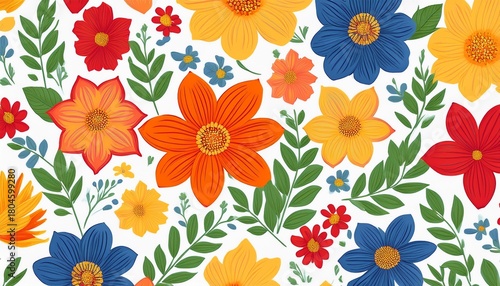 bright and colorful seamless floral pattern with vibrant orange red yellow and blue flowers accompanied by green leaves on a white background