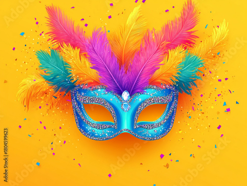 Wallpaper Mural A vibrant, AI-generated Mardi Gras carnival mask featuring bright orange and yellow hues, adorned with multi-colored feathers (pink, blue, green) and sparkling gems on a warm orange backdrop. Torontodigital.ca