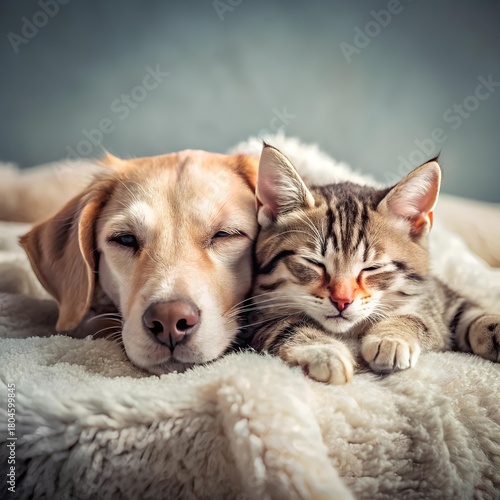 Golden retriever puppy and tabby kitten snuggling under a fluffy blanket, radiating warmth, trust, and the pure joy of peaceful companionship