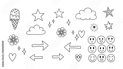 Hand-drawn Illustrations: A whimsical collection of delightful drawings, featuring an ice cream cone, stars, clouds, flowers, arrows, hearts, smiley faces, and sparkles.