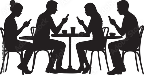  Silhouette of people sitting at tables in an outdoor cafe setting with drinks and mobile phones shown.
