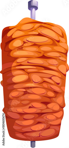 Cartoon vertical rotating spit with stacked marinated juicy meat slices on skewer showcasing food cooking process. Ingredient for Arab meals like for shawarma, doner or gyro restaurant dishes