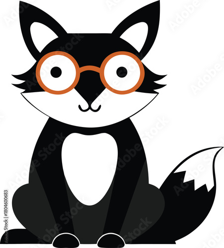 Stylized black and white vector illustration of a clever fox wearing round glasses sitting calmly white background