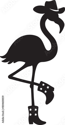  Whimsical flamingo wearing cowboy hat and star spangled boots standing on one leg silhouette vector