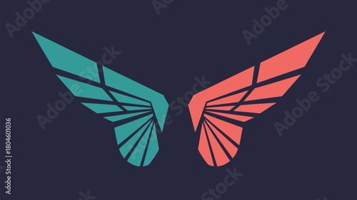 Vibrant geometric wings in contrasting teal and coral burst against a deep navy background, symbolizing freedom, aspiration, and dynamic progress.