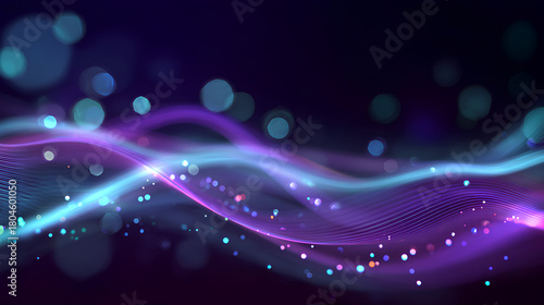Neon background of purple and blue gradient glowing digital waves. Futuristic technology concept, vibrant energy. Dynamic waves flow with neon light and bokeh. Innovations, virtualization. 