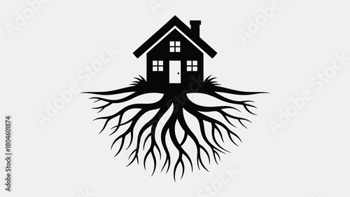 Stunning black silhouette of a house deeply rooted like a tree, symbolizing stability, growth, and strong foundations for homeownership and life.