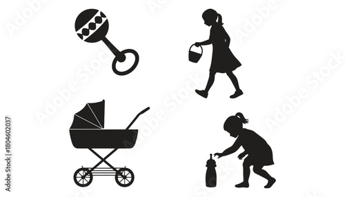 Baby items and toddler activities vector silhouette graphics