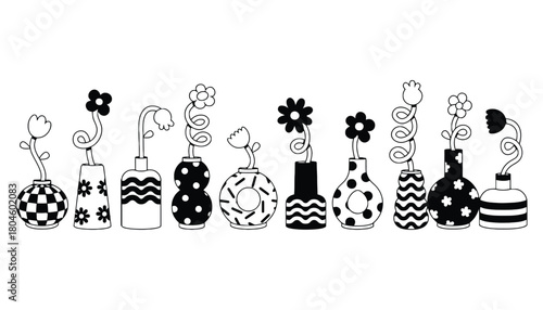 Black and white flower vase line art vector graphic design set