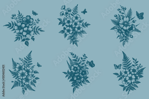 Hand-drawn Spring flowers bouquets with Vintage bouquet vector. Greeting card with flowers in an engraving style in brow. Eps 10