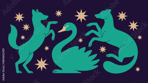 Whimsical teal foxes dance around a serene swan against a starry night sky, creating a magical, enchanting scene perfect for creative projects.