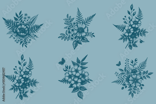 Hand-drawn Spring flowers bouquets with Vintage bouquet vector. Greeting card with flowers in an engraving style in brow. Eps 10